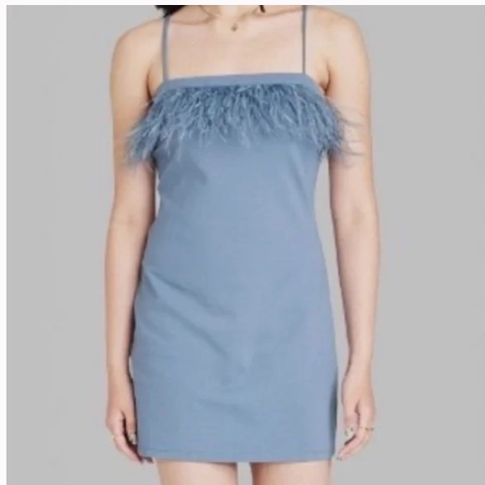 Feather Trim Bodycon Dress Color Slate Blue Size L